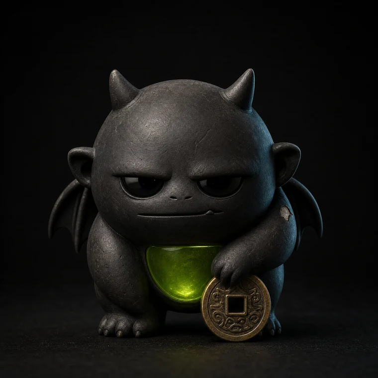 NUB, a round charcoal creature with a deadpan stare, guarding a brass coin