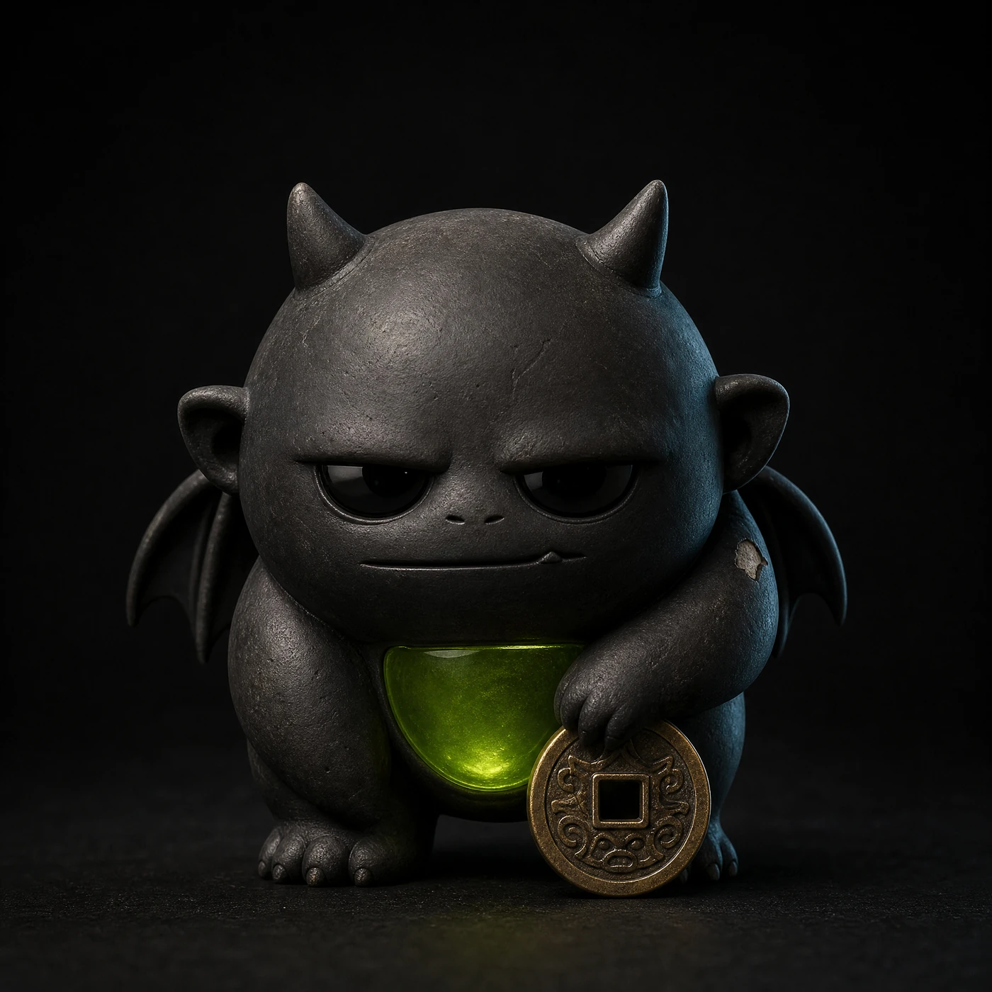 NUB — a matte charcoal creature figure with a glowing acid-green belly, guarding a brass coin