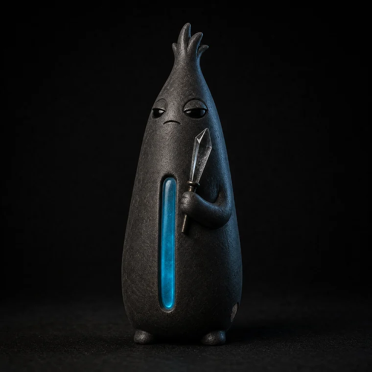 SPIRE, a tall teardrop creature with a cyan stripe, looking haughty