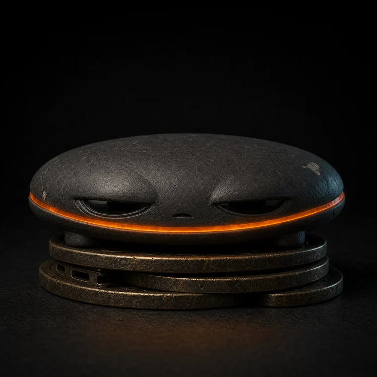 SLAB, a wide flat creature with an orange rim, half asleep on a stack of coins