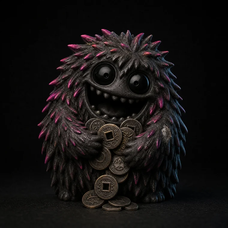 FUZZ, a shaggy creature with magenta-tipped fur and a manic grin, clutching coins