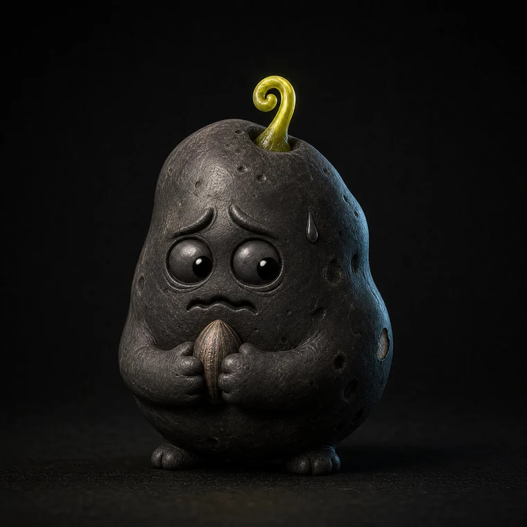SPUD, a lumpy creature with a yellow sprout, looking anxious and sweating