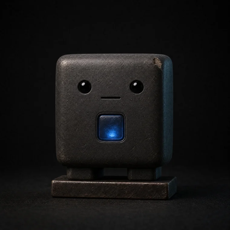 BRICK, a cube creature with a blue status panel and a blank stare