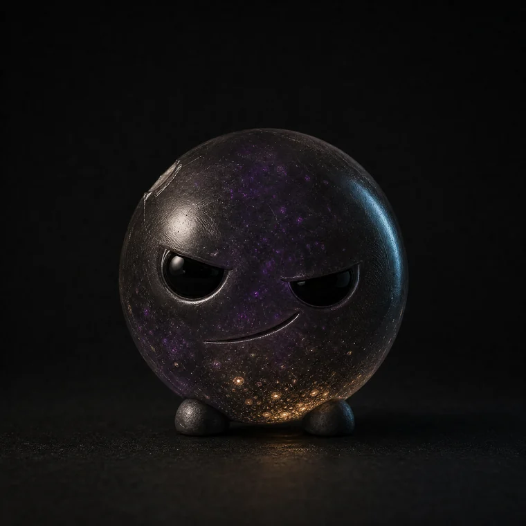 BREW, a translucent sphere creature with violet flecks inside and a sly grin