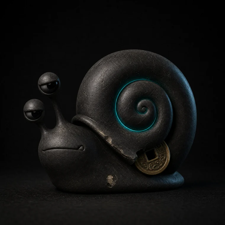 SNAG, a snail-like creature with a teal-lit spiral shell, looking sarcastic